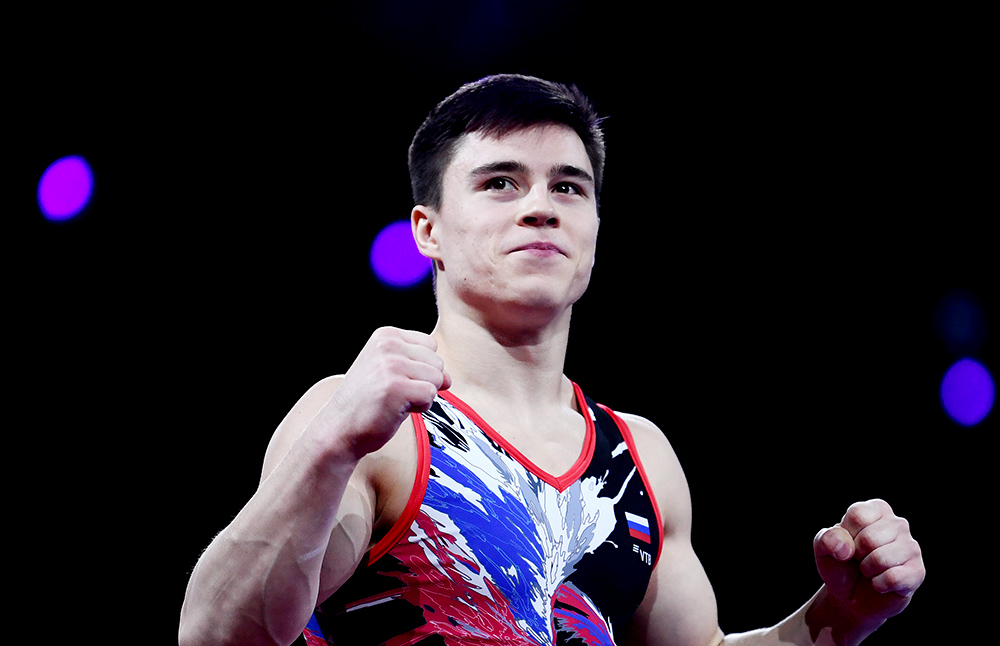 STUTTGART, GERMANY - OCTOBER 13: Nikita Nagornyy of Russia celebrates after he competes in Men's Vault Final during day 10 of the 49th FIG Artistic Gymnastics World Championships at Hanns-Martin-Schleyer-Halle on October 13, 2019 in Stuttgart, Germany. (Photo by Laurence Griffiths/Getty Images)